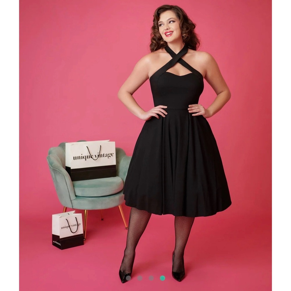 Unique Vintage Plus Black Halter Rita Dress 2XL Rockabilly Retro Party VLV 1950s